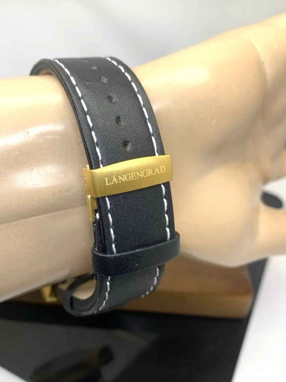 Längengrad Men's Watch 121 Automatic Gold Black Dial Date Leather Strap 44mm